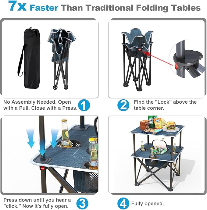Folding Beach Table, Camping Table for Sand with Insulated Cooler Storage & 4 Cup Holders, Portable Pop Up Picnic Table, Lightweight Side Table for Outdoor