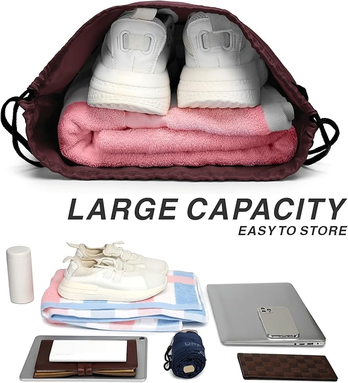 Drawstring Backpack Sports Water Resistant String Bag Sport Gym Sackpack for Women Men Large with Zipper, Burgundy