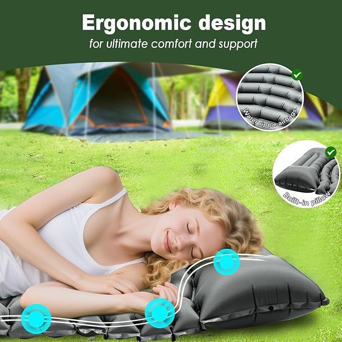 Sleeping Pad for Camping - Ultralight Camping Mattress with Pillow, Built-in Foot Pump, Compact Inflatable Portable Mat for Backpacking, Hiking, Car Traveling, Beach, Tent