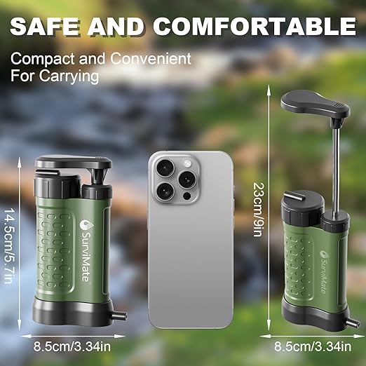 SurviMate Water Purifier Survival Pump，Replacement Cartridge，0.01 Micron 5-Stage Water Purifier System，Hand Pump Water Filter Portable Outdoor Emergency，Camping, Hiking, Backpacking
