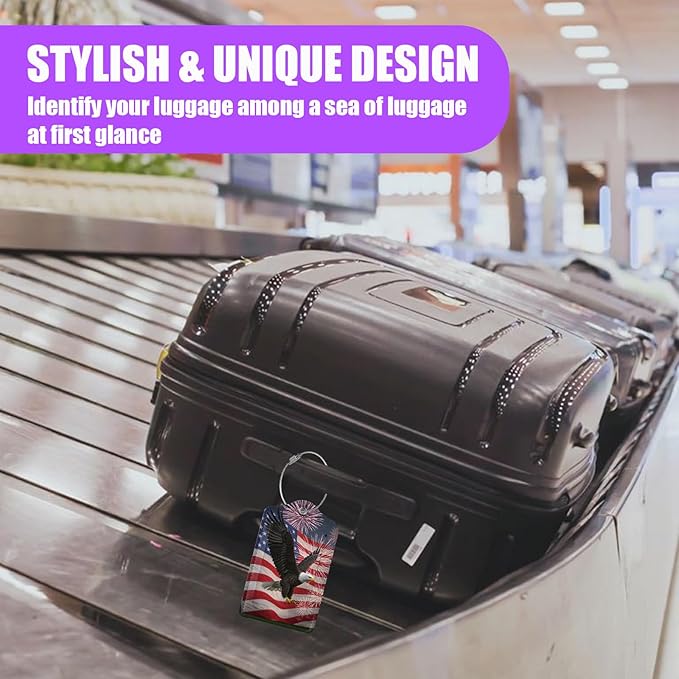 3 Pack American Flag Bald Eagle Luggage Tags for Suitcase PU Leather Travel Luggage Tag Privacy Cover ID Label for Women Men Baggage Backpack Handbag School Bag