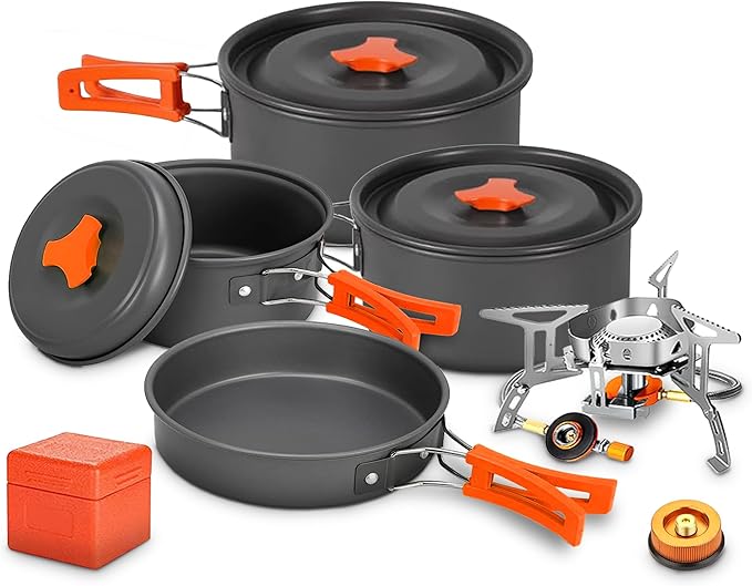 Camping Cookware Mess Kit Set with Stove - Backpacking Camping Pots and Pans Set, All in One Non-Stick Camping Cooking Set, Portable Stove, Hiking, Picnic, Outdoor & Camping Cookware Set
