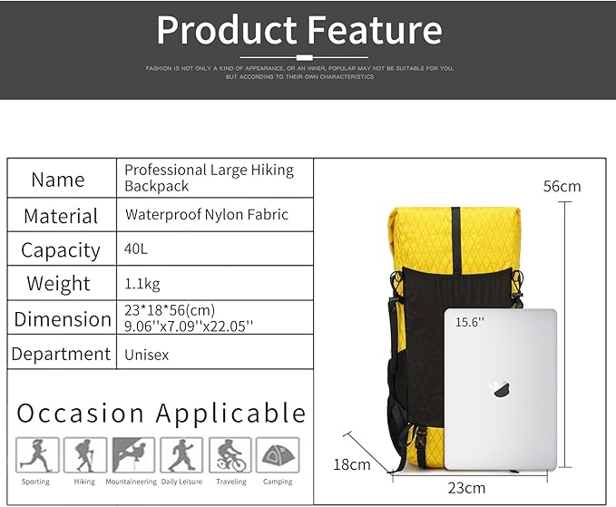 Hiking Backpack,30L +10L Extra Large Capacity Hiking Bag,Internal Frame Camping Backpack,Upgraded X-PAC Lightweight Sport Daypack Travel Backpacks Fit For Mountain Climbing Camping (Yellow)