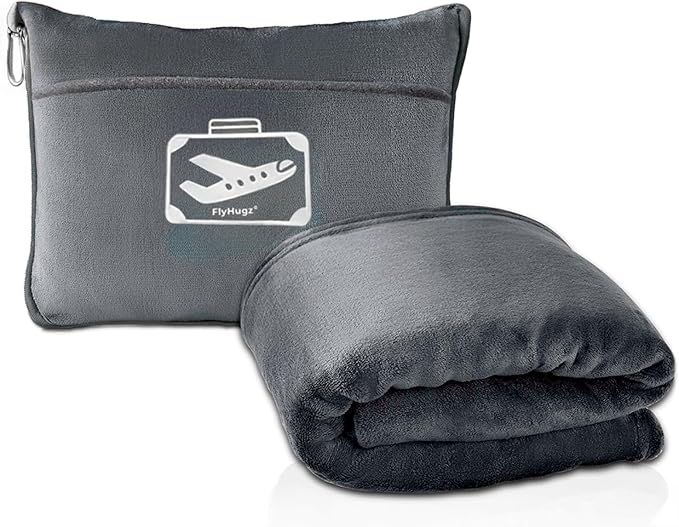 FlyHugz Grey Travel Blanket & Pillow Set (59.1"x47.2") with Carry Case, Luggage Sleeve & Clip – Portable, Lightweight, Breathable & Washable – Perfect for Plane, Car, Camping & Travel