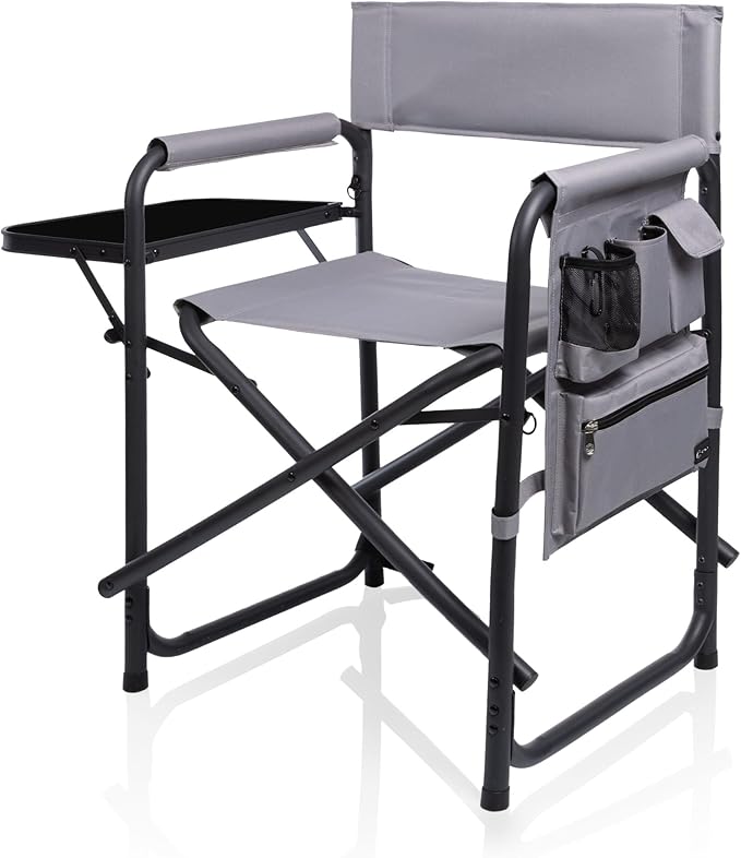 PICNIC TIME Sports Chair with Side Table, Outdoor Foldable Padded Adult Camping Chairs with Cup and Accessory Panel for Lawn, Beach, & Sports Use for Adults, up to 300-lbs Capacity, (Gray)