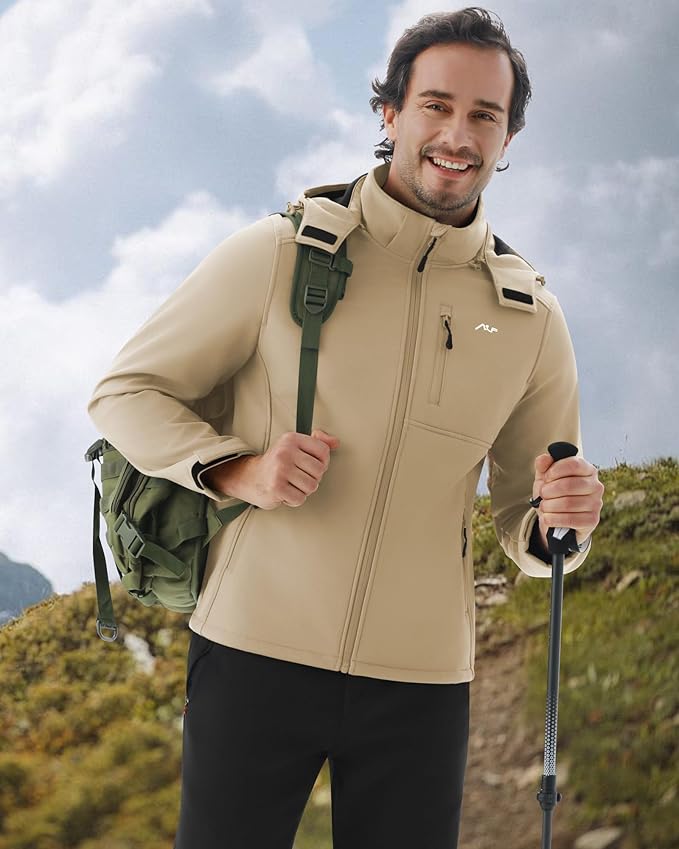 WULFUL Men's Softshell Jacket Waterproof Lightweight Insulated Windbreaker Fleece Lined Rain Shell Jacket for Hiking Travel
