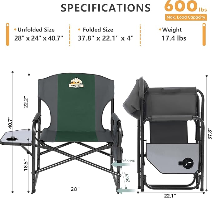 Colegence Oversized Directors Camping Chair Set of 2 Support 600 LBS, Heavy Duty Folding Outdoor Chairs with Detachable Side Pocket and Adjustable Side Table for Outside Beach,Lawn,Fishing (Green)
