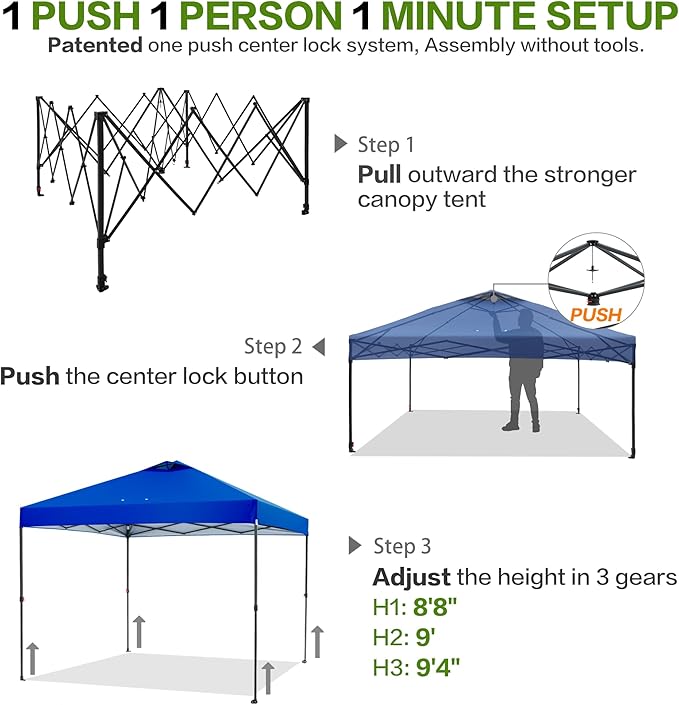 10'x10' Pop Up Canopy Tent with 1 Sidewall and 6 Pockets, One Push Setup, Instant Shade Tent with Vented Roof for Beach Patio Outdoor, Case, 8 Stakes, 4 Ropes, 4 Sandbags (Royal Navy, 10x10)