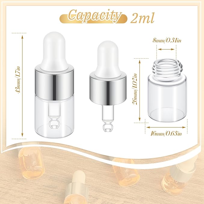 100 Pcs Mini Glass Oil Dropper Bottle Bulk, Clear Essential Small Empty Bottles Sample Containers Perfume Liquid Vials with Cap for Traveling (2 ml,Silver)