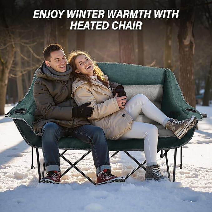 Heated Double Camping Chairs,3 Heat Levels Padded Portable Loveseat w/Wine Glass Holder,Cup Holder,Heating Outdoor Camp Couch Support 600 Lbs,Dark Green,Battery NOT Included