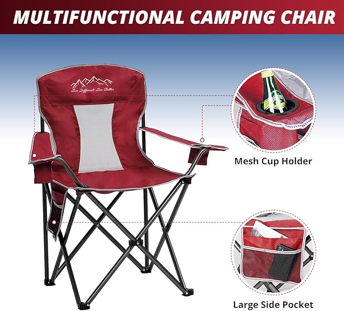 2PCS Mesh Folding Camping Chairs, Oversized Portable Outdoor Chairs, Weight Capacity 325 lbs with Cup Holder, Storage Pocket, Carry Bag Red