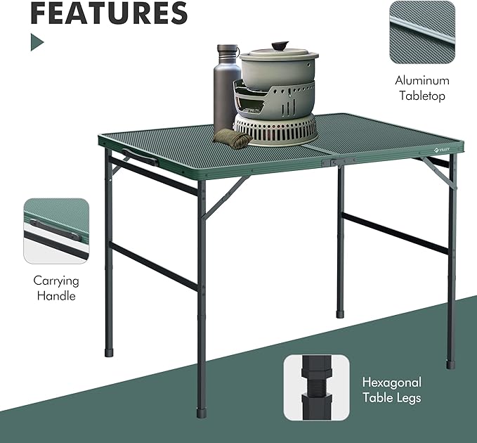VILLEY Grill Table, 3ft Folding Camping Table with Aluminum Adjustable Legs, Portable Lightweight Camp Table for Beach Picnics and Outdoor Cooking