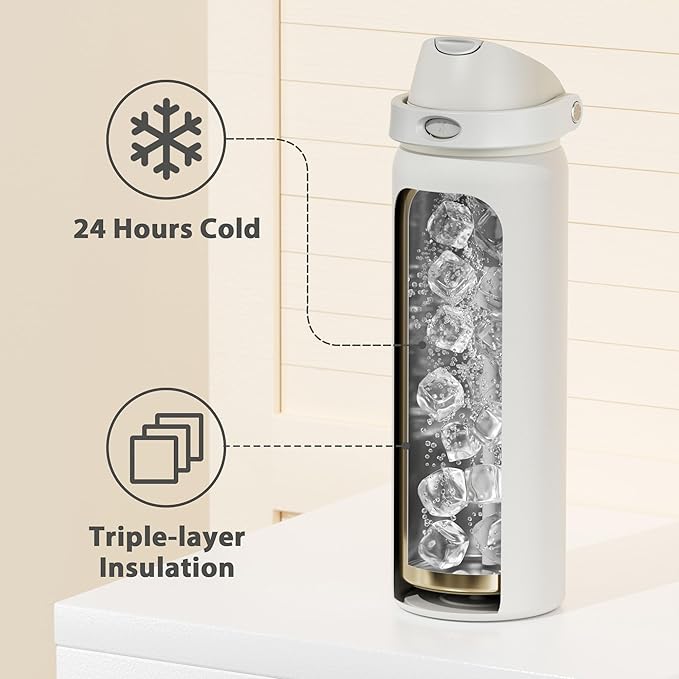 32 oz Insulated Water Bottle with Straw: Meoky Stainless Steel Metal Water Bottle with 2-in-1 Lid - Leak Proof, Cold for 24 Hours, Protective Silicone Base, BPA-Free for Sports Gym, Ivory