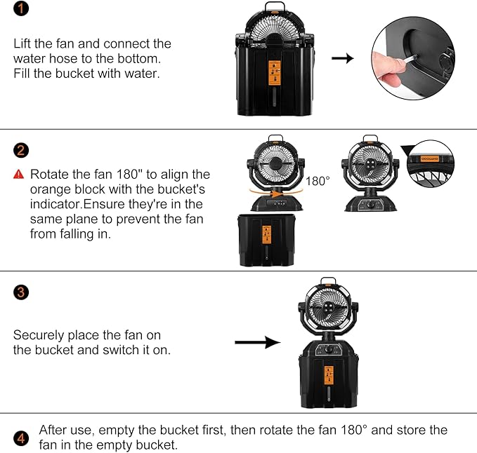 Odoland Portable Camping Fan with LED Light, 30000mAh Rechargeable Battery Operated Oscillating Fan with Remote & Hook, 6L Bucket Misting Fan for Outdoors Patios,Travel,Jobsite, Black