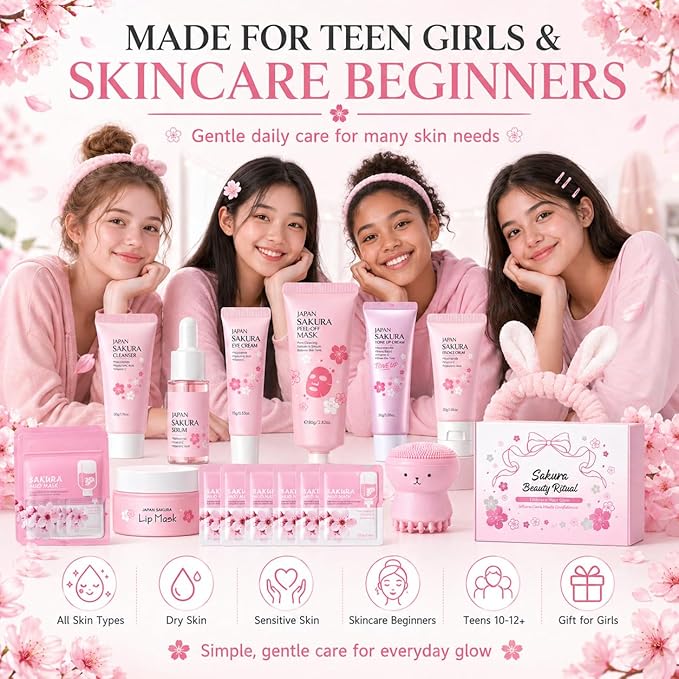 Japan Sakura Skin Care Set For Teen Girls, Skincare For Girls 10-12, Skin Care For Teens 10-12, Japanese Cherry Blossom Skin Care For Kids, Birthday & Mothers Day Gifts 30PCS