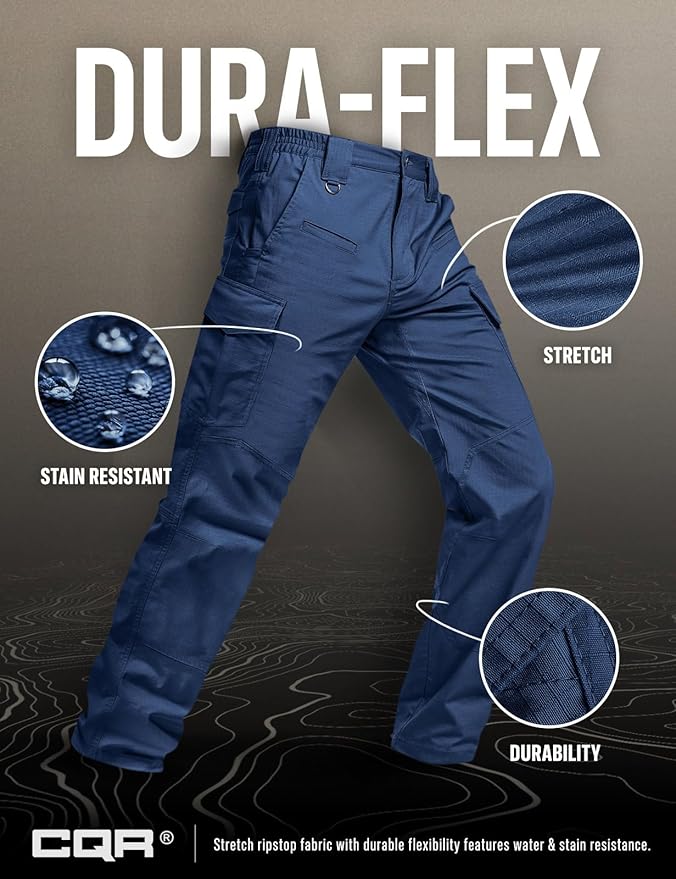 CQR Men's Flex Ripstop Tactical Pants, Water Resistant Stretch Cargo Pants, Lightweight EDC Hiking Work Pants