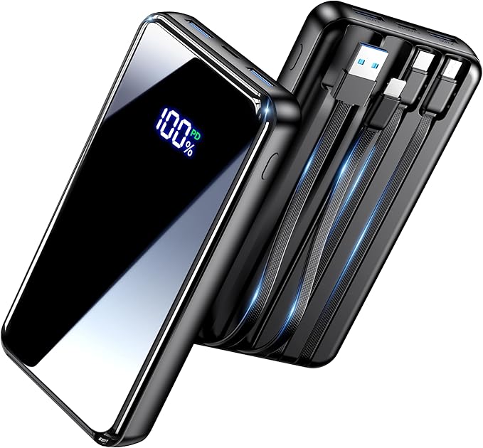Portable Charger,42800mAh Power Bank Built-in Cable,22.5W PD USB C in & Out Fast Charging, External Battery Pack 6 Output & 2 Input, Travel Phone Charger for iPhone 17/16/15/14/13/12, Android (Black)