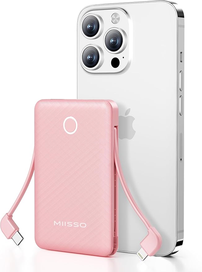 6000mah Ultra Slim Built in Cables Power Bank, Card Size Built in USB C Cords Battery Pack Portable Charger for Phones, 3 Output External Battery Pack Compatible with iPhone, Samsung, Light Pink