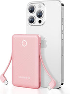 6000mah Ultra Slim Built in Cables Power Bank, Card Size Built in USB C Cords Battery Pack Portable Charger for Phones, 3 Output External Battery Pack Compatible with iPhone, Samsung, Light Pink