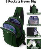 ECOHUB Crossbody Bags for Women Men, Anti-Theft RFID Blocking Roomy Sling Backpack with Sturdy SBS Zippers Water Resistant Chest Shoulder Bag Daypack with 9 Pockets Casual Outdoor Hiking, Army Green