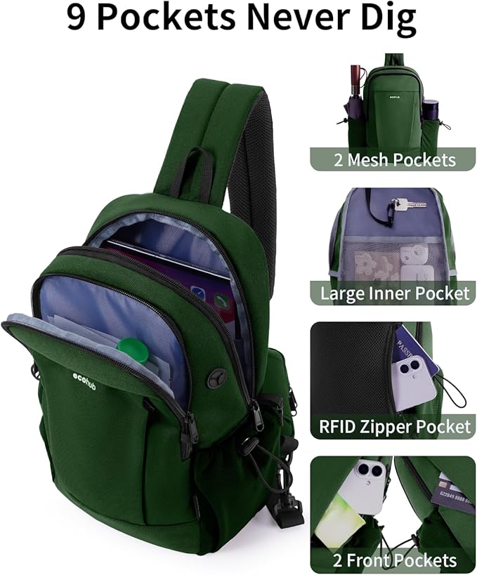 ECOHUB Crossbody Bags for Women Men, Anti-Theft RFID Blocking Roomy Sling Backpack with Sturdy SBS Zippers Water Resistant Chest Shoulder Bag Daypack with 9 Pockets Casual Outdoor Hiking, Army Green