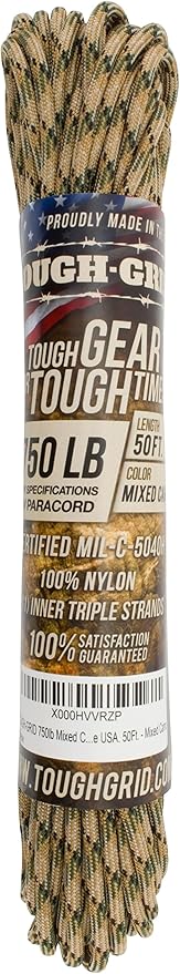 TOUGH-GRID Paracord Rope 750 lbs Nylon Parachute Cord, Made in USA Survival Kit, Outdoor Adventures, Camping, Tactical Gear & Emergency Supplies, Military Type IV Mil-Spec