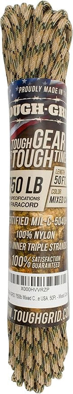 TOUGH-GRID Paracord Rope 750 lbs Nylon Parachute Cord, Made in USA Survival Kit, Outdoor Adventures, Camping, Tactical Gear & Emergency Supplies, Military Type IV Mil-Spec