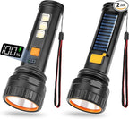 Solar Flashlights, 1500 Lumens Led Solar Powered Flashlights with Digital Display 2000mAh Battery Rechargeable Handheld Flashlights IP65 Waterproof Flashlights for Survival Emergencies, 2 Pack