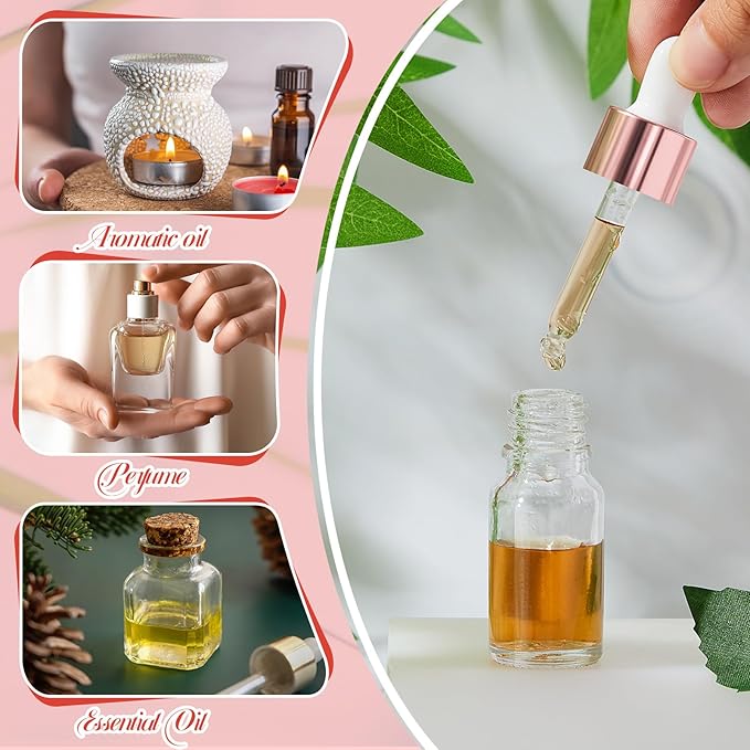 100 Pcs Mini Glass Oil Dropper Bottle Bulk, Clear Essential Small Empty Bottles Sample Containers Perfume Liquid Vials with Cap for Traveling (10 ml,Rose Gold)