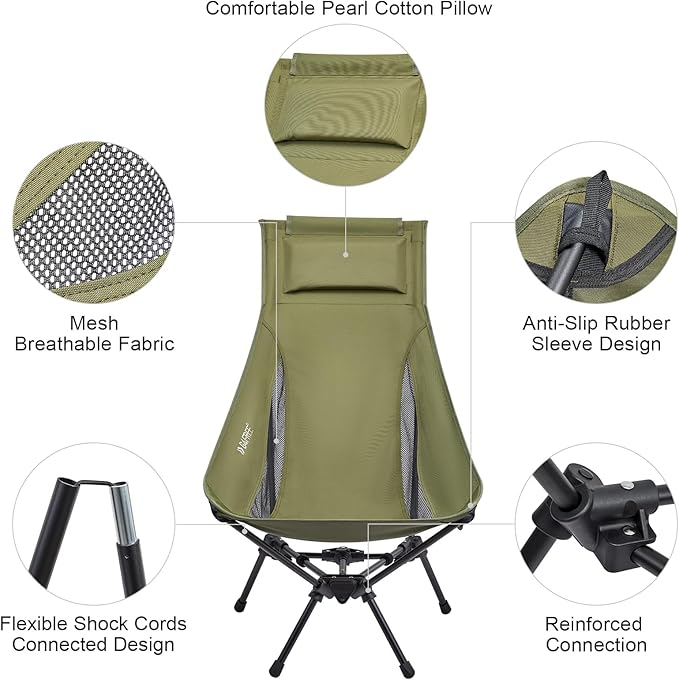 G4Free Folding Lightweight Camp Chair High Back Camping Chair Backpacking Chair Heavy Duty 330lbs with Headrest Pocket Green