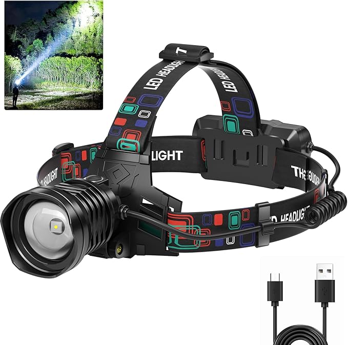 azamine Rechargeable Headlamp Super Bright 99000 Lumens, LED Head Lamp with 3 Modes, 90° Adjustable Head Lights for Forehead, IPX6 Waterproof HeadLamps for Adults Camping Hunting Hiking