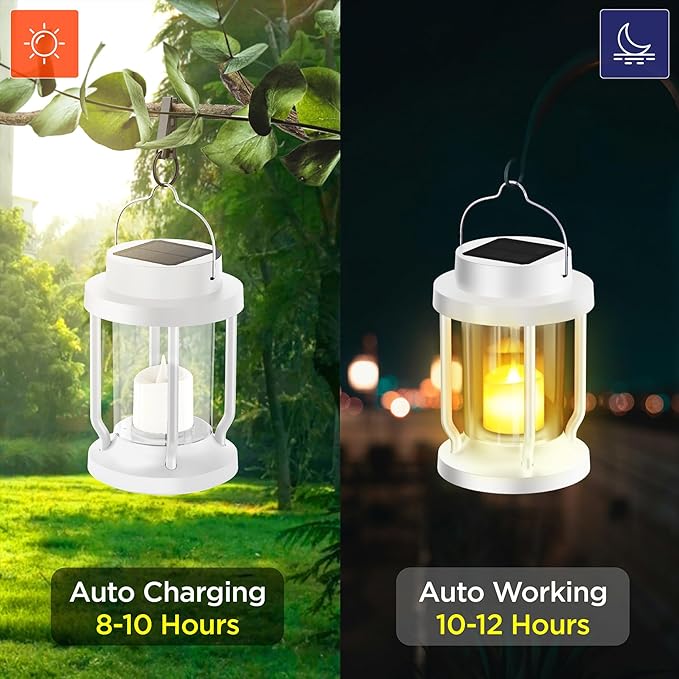 Solar Lantern Outdoor & Indoor Use – Hanging Solar Lights with Realistic Flickering Flameless Candle, Weatherproof for Gardens, Patios, Trees, and Lawns (White, 2 Pack)