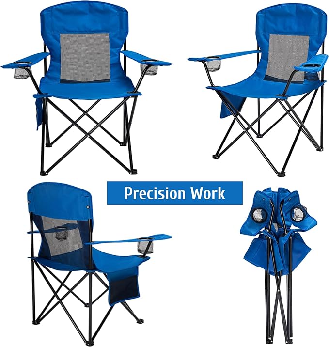 Outdoor Camping Chairs Set of 2, Folding Portable Foldable Lawn Chair Support 300lbs with Cooling Mesh Backrest, 2 Cup Holder, Side Pocket for Concert, Carry Bag for Sports(Blue Mesh,2 Pack)