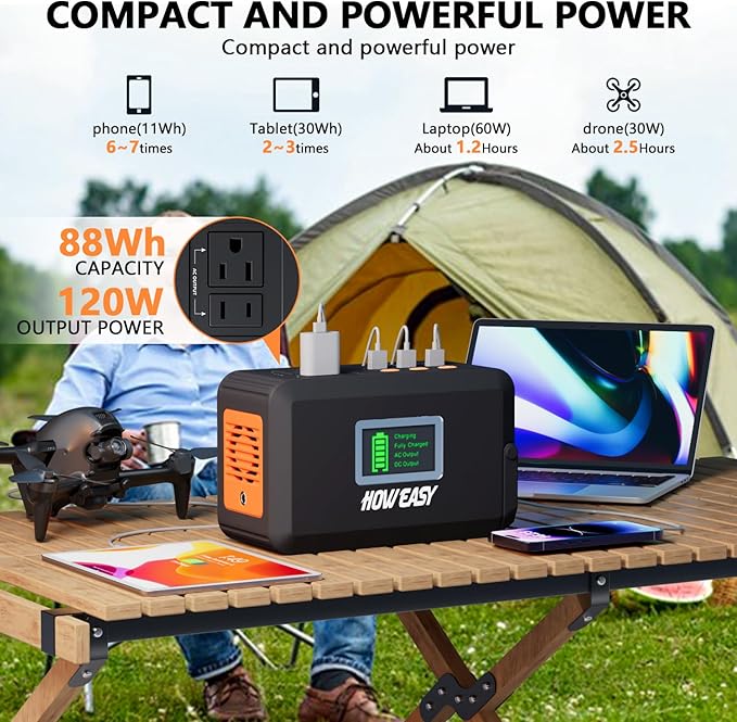 HOWEASY Portable Power Station, 88Wh Solar Generator, Lithium Battery Power with 110V AC 150W Peak Socket/DC/USB/LED Light for Outdoor Camping Trip Hunting Emergency