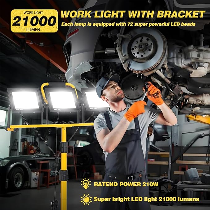 21000 lumens LED Work Light, IP66 Waterproof Portable Work Light, with Tripod, 16.4-Foot (About 5 Meters) Wire; Suitable for Outdoor and Indoor Workshop, Garage, and Construction site Lighting