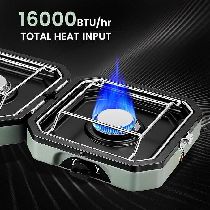 2 Burner Propane Camping Stove with Grill, 16000 BTU Portable Propane Camp Stove with 2 Adjustable Burners & Piezo Ignition, for Camping, Home Backyard, Frying Turkey, Green