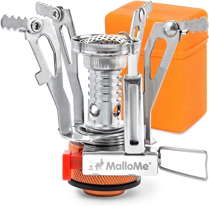 MalloMe Backpacking Stove - Portable Camping Stove - Small Backpack Camp Single Burner for Propane Butane Isobutane Fuel Canister - Mini Pocket Rocket Jet Boiler for Hiking & Gas Cooking
