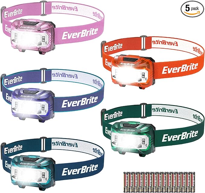 EverBrite Headlamp, 5 Pack Kids Headlamp with Red Light and Memory Function, Head Lamp for Adults and Kids with 5 Modes, Bright Headlamps for Camping, Running, Batteries Included