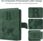 Personalized R Passport Holder Cover Initial Letter Travel Wallet RFID Blocking Passport Cover Credit Card Holder Case Passport Book Holders for Women and Men, Pine Green-R
