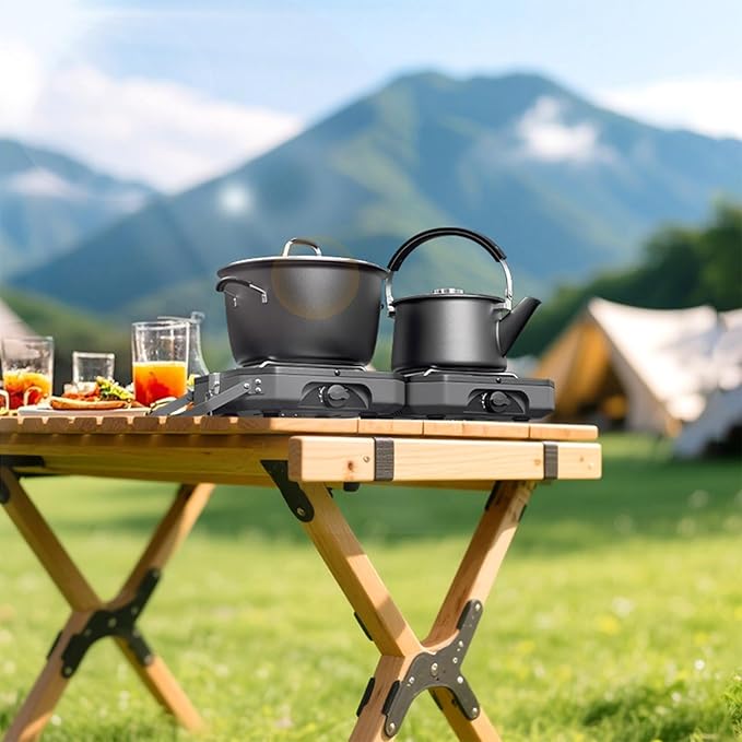 Portable 2 Burner Camping Stove with Handle, 16,000 BTU Foldable Propane Camping Stove with Grill and Carry Bag, Adjustable Burners&Flame-out Protection, Portable Camp Stove for BBQ, Tailgating, Grey