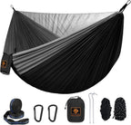 Camping Hammock, Portable Hammocks with Mosquito Net,Lightweight Nylon Parachute Hammock with 10ft Tree Straps,Camping Gear Must Haves for Travel Hiking Backpacking Beach Patio-Black&Grey
