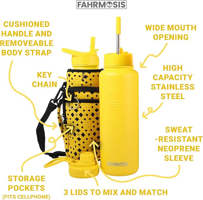 40 Oz Water Bottle with Strap Stainless Steel Sports Water Bottle with 3 Lids (Straw, Chug and Flip Lid) Insulated Leak Proof Metal Jug for Men & Women - Yellow