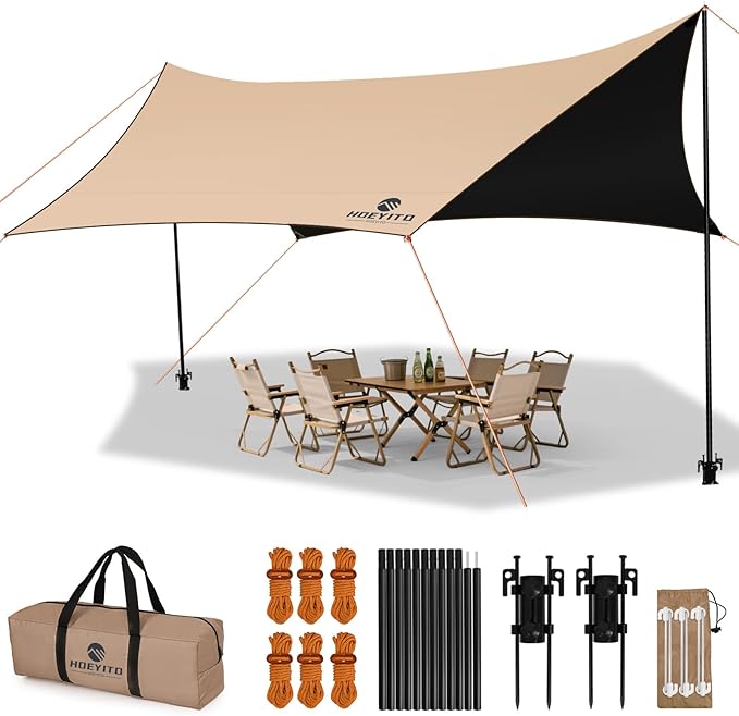 Camping Tarp with Poles & Retainer,15x12.5FT Large Waterproof 210D Oxford Cloth Camping Canopy, Anti-UV UPF100+ Tent Tarp Car Awning for Outdoor, Picnic, Hammock, Car, Backpacking (Khaki-Black)