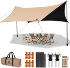 Camping Tarp with Poles & Retainer,15x12.5FT Large Waterproof 210D Oxford Cloth Camping Canopy, Anti-UV UPF100+ Tent Tarp Car Awning for Outdoor, Picnic, Hammock, Car, Backpacking (Khaki-Black)