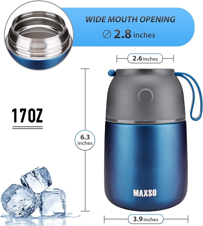 MAXSO Soup Thermo for Hot & Cold Food for Adults Kids, 17 oz Vacuum Insulated Steel Lunch Container Bento Box with Spoon, Leakproof Thermal Food Jar for School Office Travel - Dark Blue