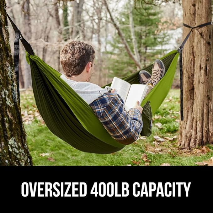 GORILLA GRIP Durable Portable Camping Hammock, Holds 400lbs with Heavy Duty Tree Straps, Comfortable Travel Swing, Camp Hammocks, Easy to Use and Install, Outdoor Essentials, Green, 9x4.5 FT