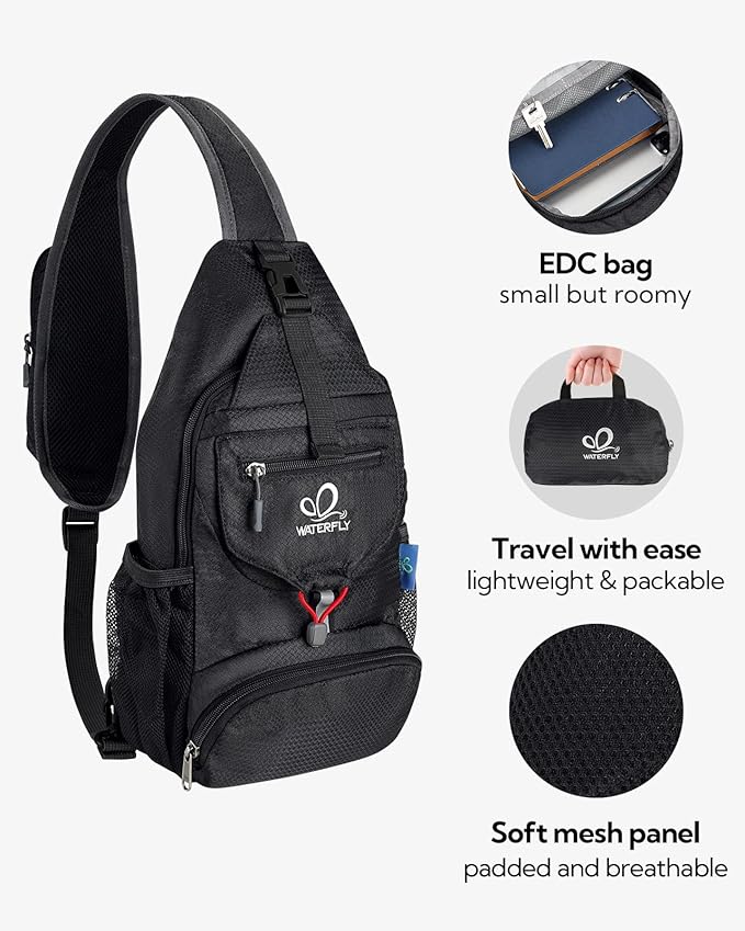 WATERFLY Packable Small Crossbody Sling Backpack Shoulder Chest Bag Daypack for Hiking Traveling