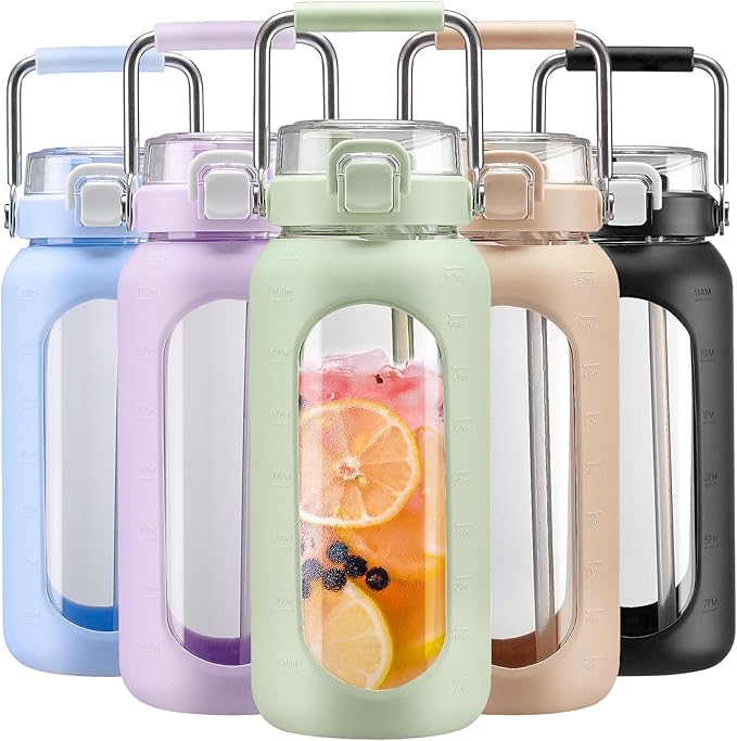 BLUEGO 64oz Water Bottle Glass with Stainless Steel Handle Large Water Bottle with Time Markers and Silicone Sleeve Half Gallon Water Jug BPA Free for Gym Daily Use, Light Green