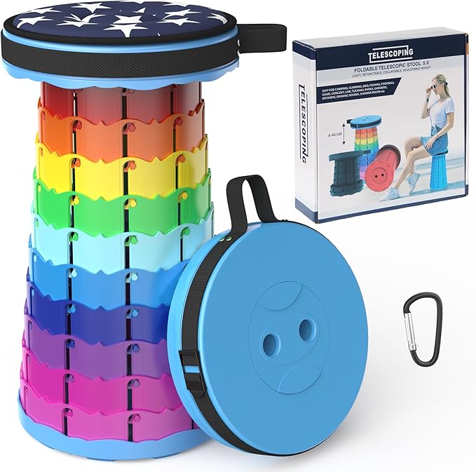 ALEVMOOM Portable Telescoping Stool with Cushion,Retractable More Sturdy Capacity 440Ib,Collapsible Adjustable Folding Stool for Camping Hiking Mountain Garden BBQ