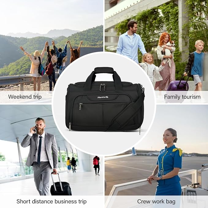 Hanke Small Travel Duffel Bag, Under Seat Carry On Personal Item Bag with 11 Pockets, Lightweight Water Resistant Foldable Weekender Bag with Trolley Sleeve for Travel Gym Daily Use（Black）